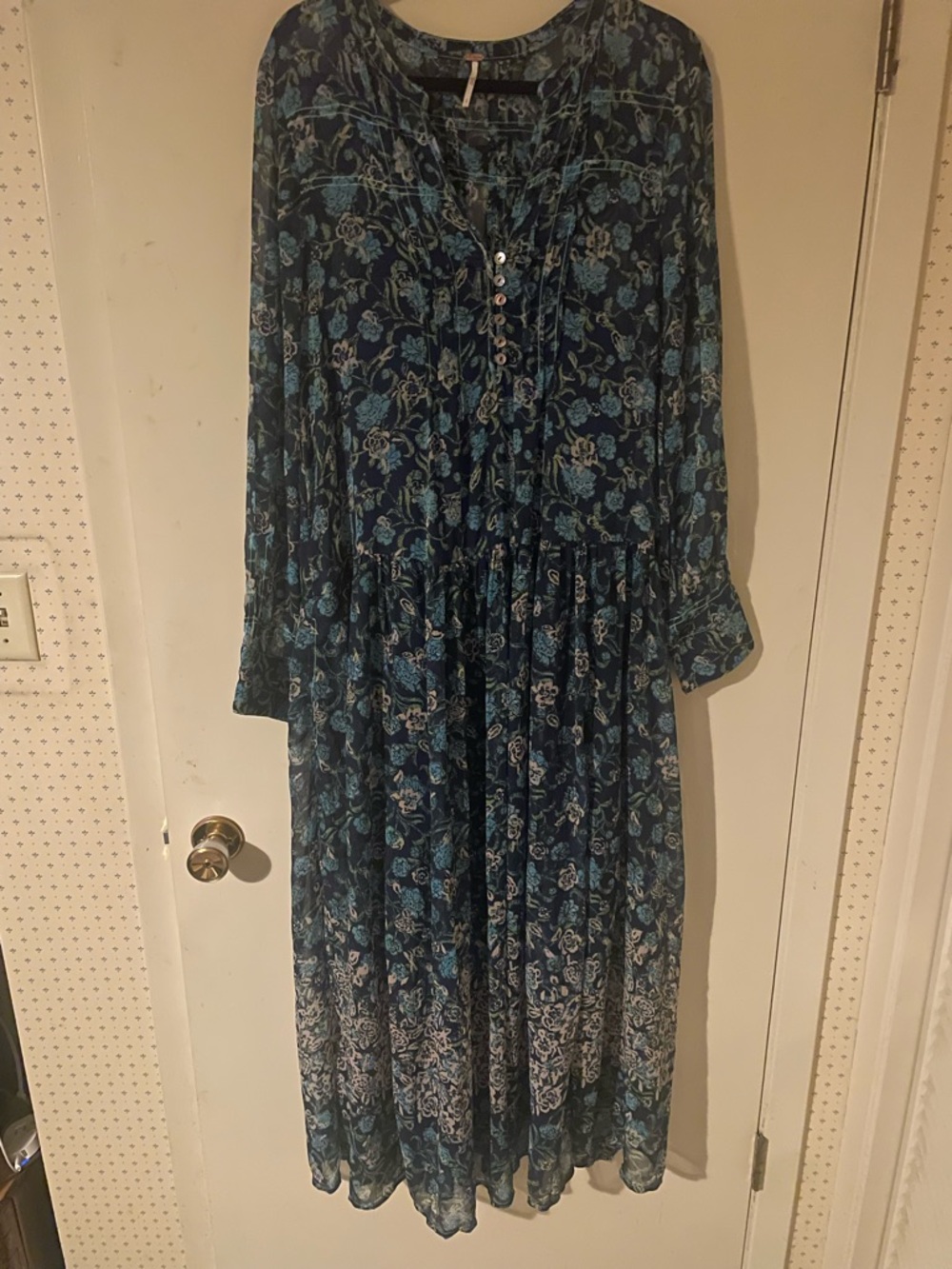 Free People Navy Teal Floral Tiered Button Maxi Dress